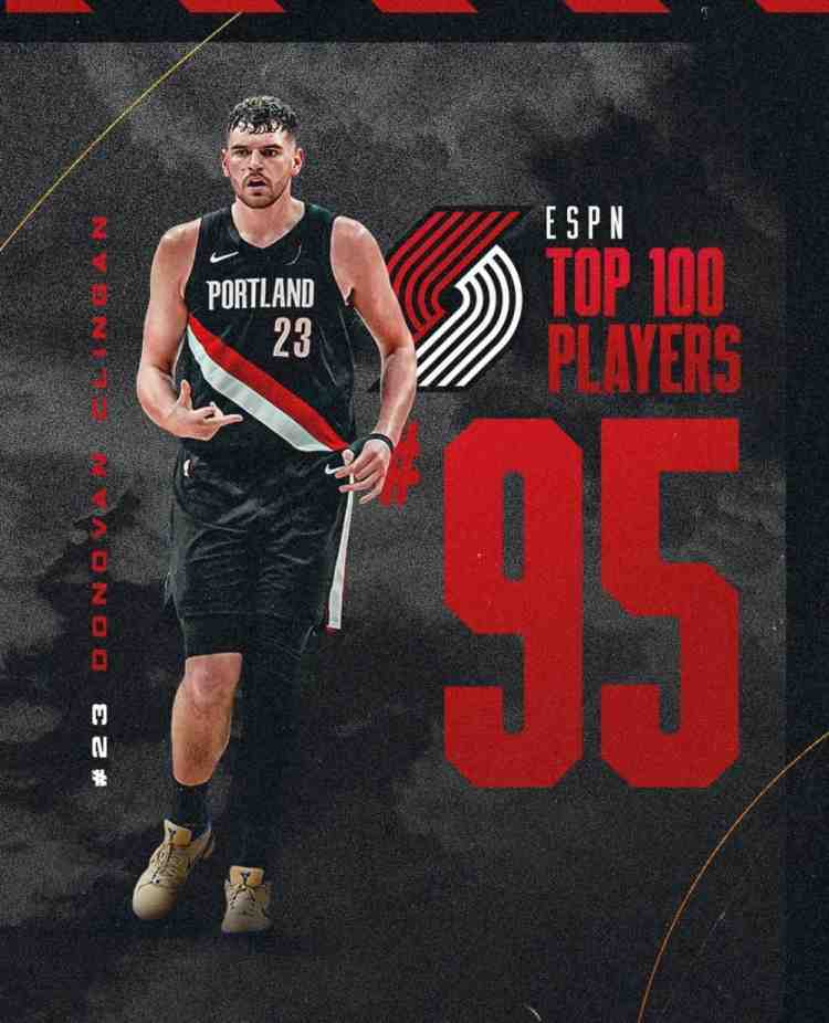 开拓者晒队内ESPN前100球员：克林根95 莫兰特77 利拉德69 阿福27